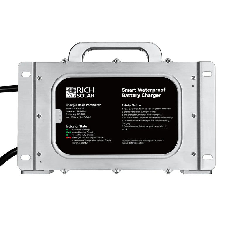 Load image into Gallery viewer, Rich Solar 48V (57.6V) Waterproof LiFePO4 Charger | 20A, 100-240V AC, 8-in-1 Protection, Fan-Cooled RS-BC48C20