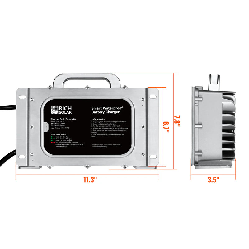 Load image into Gallery viewer, Rich Solar 48V (57.6V) Waterproof LiFePO4 Charger | 20A, 100-240V AC, 8-in-1 Protection, Fan-Cooled RS-BC48C20