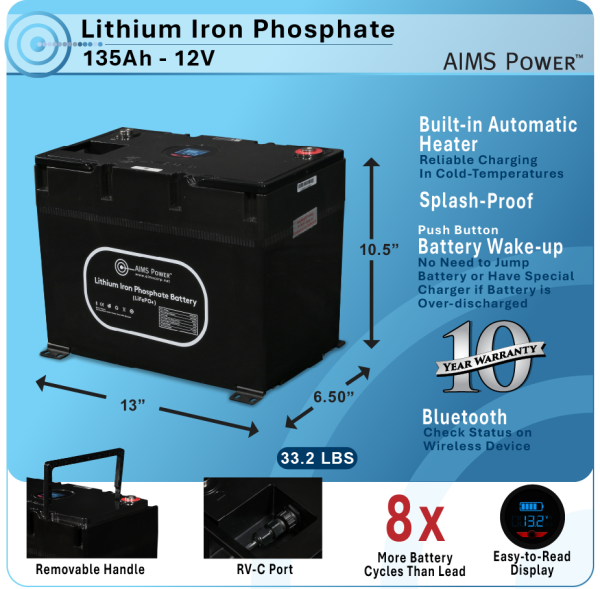 Load image into Gallery viewer, NEW! Aims Lithium Battery 135Ah with Wake Up, Heater & BT Monitoring 12V LiFePO4 LFP12V135A