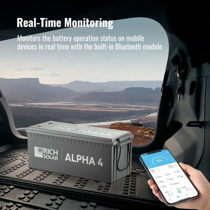 Load image into Gallery viewer, Rich Solar ALPHA 4 | 24V 100Ah LiFePO4 Battery | Powerful 24V Lithium Battery for RVs, Trailers, Vans, Boats, Off-Grid | 5,000 Lifetime Cycles | Bluetooth and Internal Heat RS-B241S