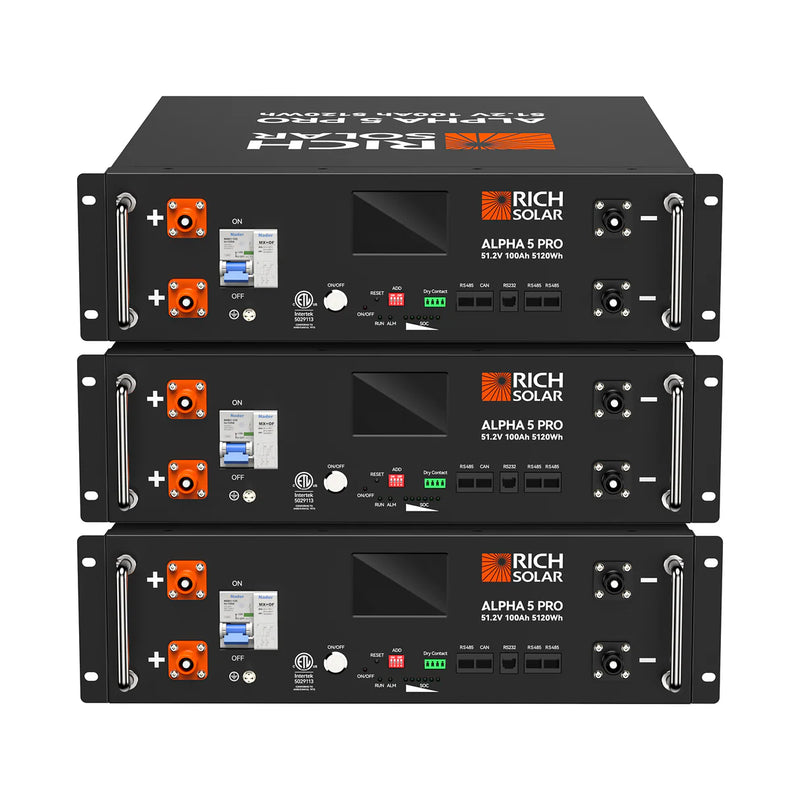 Load image into Gallery viewer, Rich Solar 3 ALPHA 5 PRO | 51.2V 100Ah LiFePO4 Battery | Premium 48V Server Rack Lithium Battery for Residential, Commercial, RVs, Off-Grid | 7,000 Lifetime Cycles | 10 Year Warranty | UL1973, UL9540A Certified RS-B5121P-3