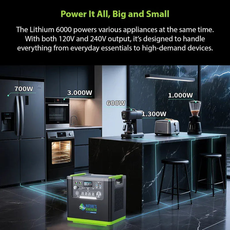 Load image into Gallery viewer, Nature's Generator Lithium 6000 + Power Pod + 2X 410W Solar Panels and Wind Turbine NGLSXPTPW