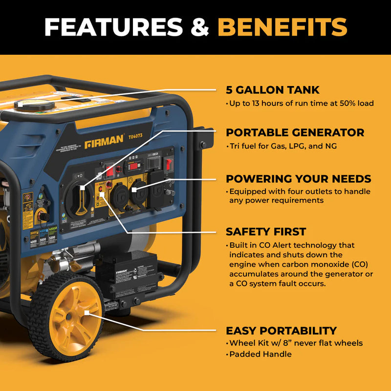 Load image into Gallery viewer, Firman Tri Fuel Portable Generator 4000W Electric Start 120/240V with CO ALERT t04073 - Backup Generator Store