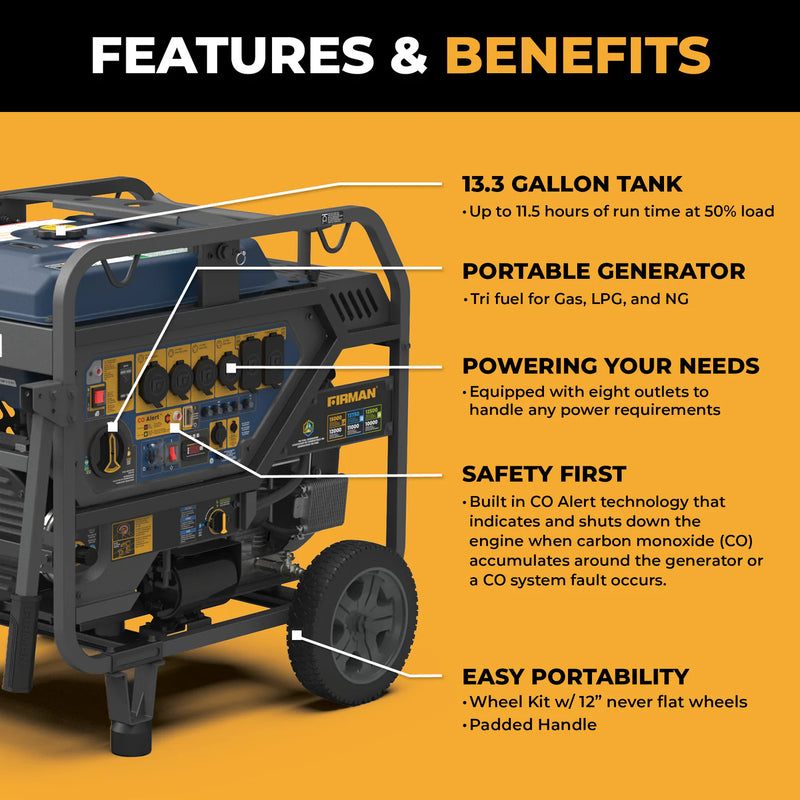 Load image into Gallery viewer, Firman TRI FUEL PORTABLE GENERATOR 15000W ELECTRIC START 120/240V WITH CO ALERT T12071