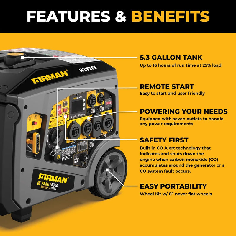 Load image into Gallery viewer, Firman Gas Inverter Portable Generator 7850/6300 Watt Remote Start 120/240V CO Alert w06383
