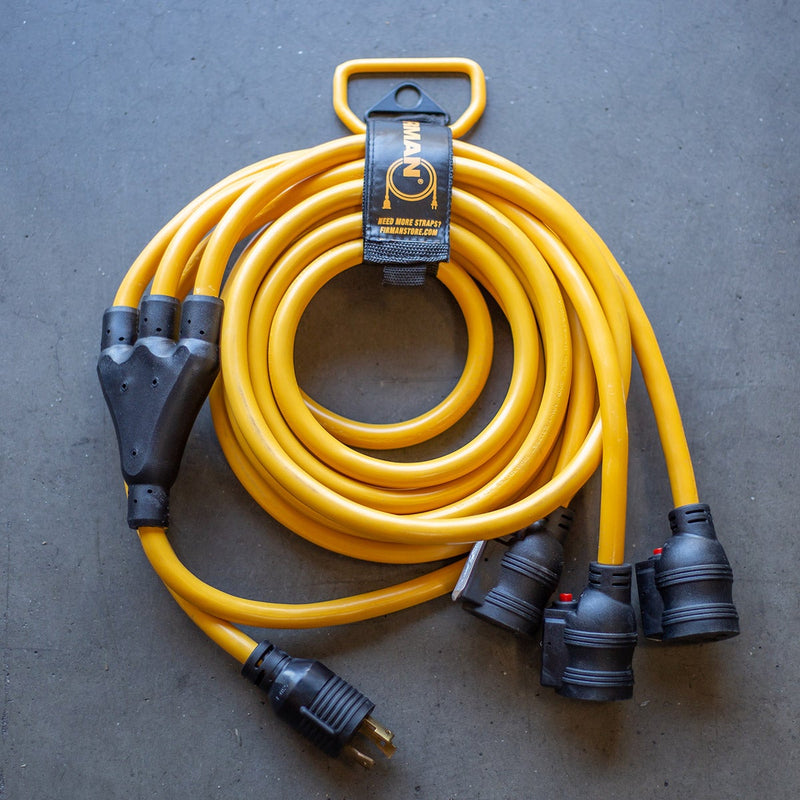 Load image into Gallery viewer, Firman 25' Heavy Duty L5-30P to (3) 5-20R Power Cord With Storage Strap - Firman Backup Generator Store
