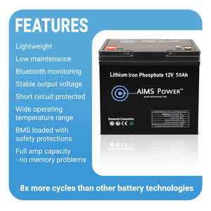 Aims Lithium Battery 12V 50Ah LiFePO4 Lithium Iron Phosphate battery with Bluetooth - Aims Backup Generator Store