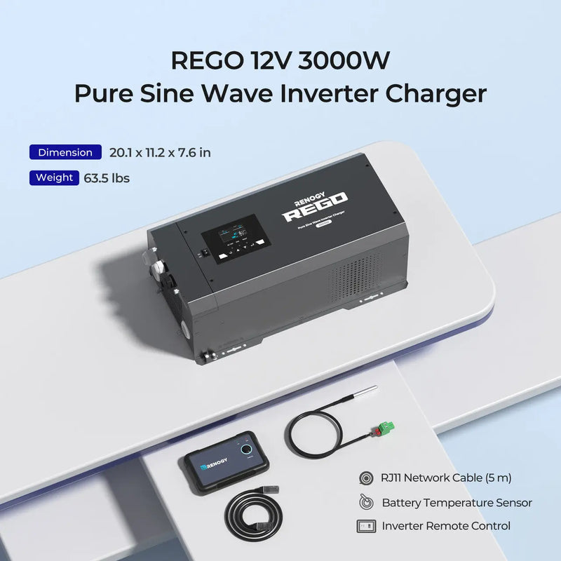 Load image into Gallery viewer, Renogy REGO 12V 3000W Pure Sine Wave Inverter Charger w/ LCD Display + Renogy ONE Core RIV1230RCL-1SS-W02W-US

