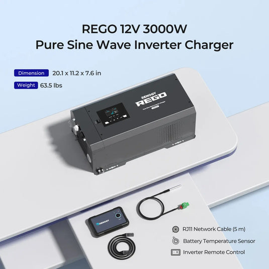 Renogy REGO 12V 3000W Pure Sine Wave Inverter Charger w/ LCD Display + Renogy ONE Core RIV1230RCL-1SS-W02W-US