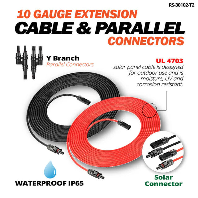 Load image into Gallery viewer, Rich Solar 30Ft 10 Gauge Solar Panel Extension Cable with Male and Female Solar Connector Ends and Parallel Connectors | Pair of 10AWG Red and Black Extension Wire and Parallel Connectors | Choose Cable Length: 30ft, 50ft RS-30102T2
