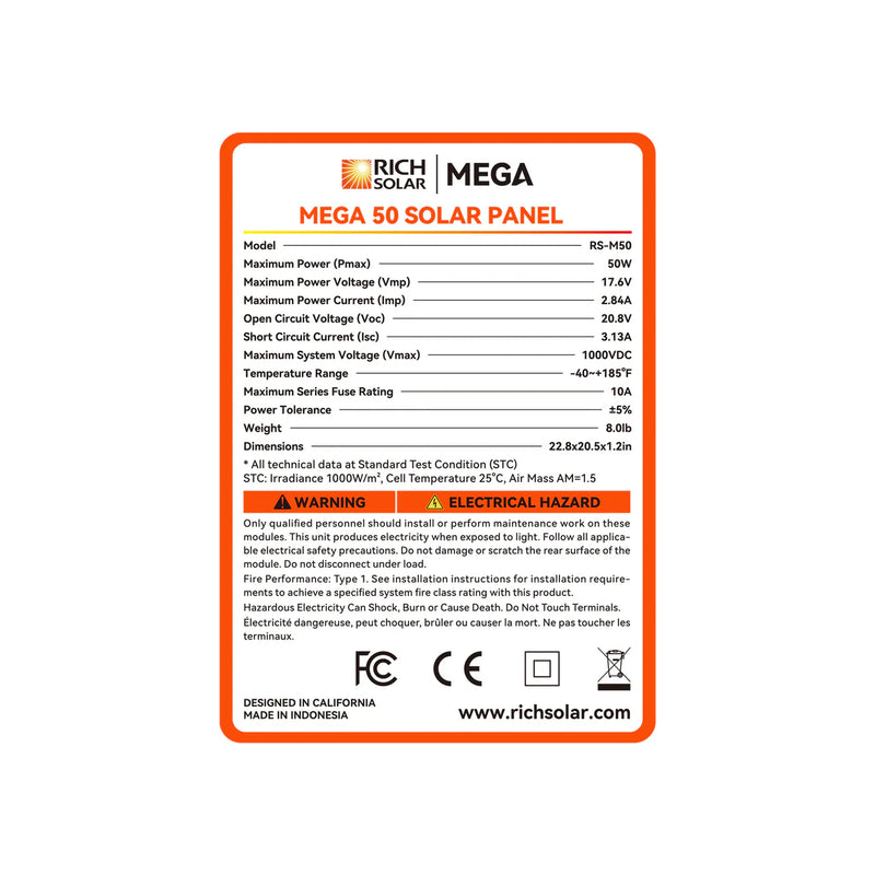 Load image into Gallery viewer, MEGA 50 | 50 Watt Solar Panel | Compact 12V Off-Grid Solar Panel for Boats, Vans, Trailers | 25-Year Output Warranty #RS-M50
