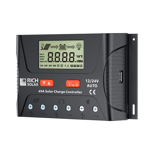 Rich Solar BRAVO LEGEND 40 | 40 Amp PWM Solar Charge Controller | 12V/24V Auto, 3-Stage Charging for RVs, Boats, Off-Grid Systems RS-PWM40P