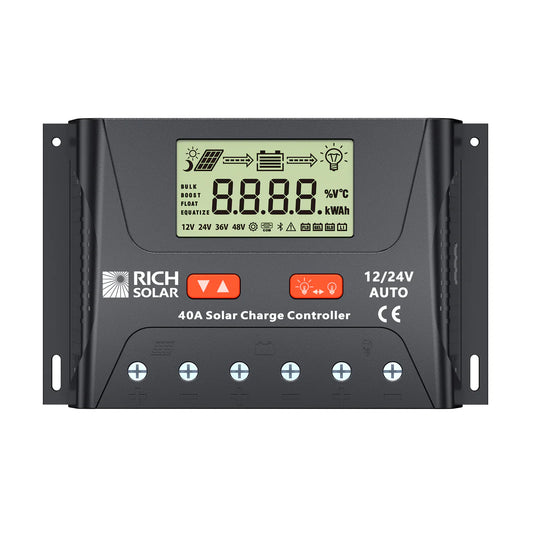 Rich Solar BRAVO LEGEND 40 | 40 Amp PWM Solar Charge Controller | 12V/24V Auto, 3-Stage Charging for RVs, Boats, Off-Grid Systems RS-PWM40P
