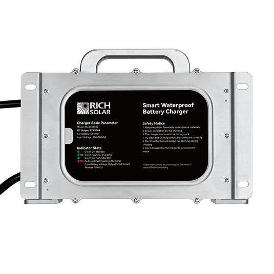 Rich Solar 48V (57.6V) Waterproof LiFePO4 Charger | 20A, 100-240V AC, 8-in-1 Protection, Fan-Cooled RS-BC48C20