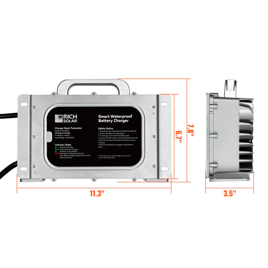Rich Solar 48V (57.6V) Waterproof LiFePO4 Charger | 20A, 100-240V AC, 8-in-1 Protection, Fan-Cooled RS-BC48C20