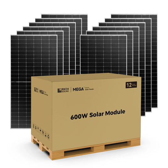Rich Solar MEGA 600 BIFACIAL 12 Panels | 600 Watt Bifacial Solar Panel | Premium Grid-tie or Off-grid Solar Panel for Residential, Commercial, Agriculture | 25-Year Output Warranty RS-M600BF-12