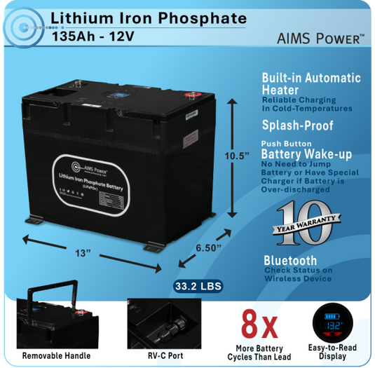 NEW! Aims Lithium Battery 135Ah with Wake Up, Heater & BT Monitoring 12V LiFePO4 LFP12V135A