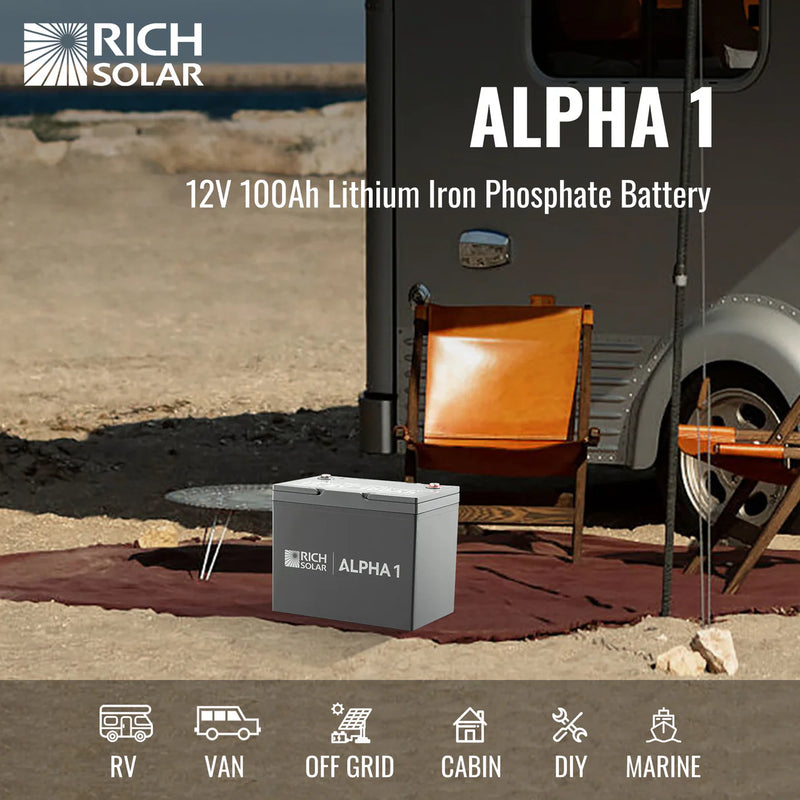 Load image into Gallery viewer, Rich Solar ALPHA 1 | 12V 100Ah LiFePO4 Battery | Powerful 12V Lithium Battery for RVs, Trailers, Vans, Boats, Off-Grid | 5,000 Lifetime Cycles | Bluetooth and Internal Heat Technology RS-B121S
