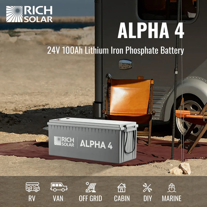 Load image into Gallery viewer, Rich Solar ALPHA 4 | 24V 100Ah LiFePO4 Battery | Powerful 24V Lithium Battery for RVs, Trailers, Vans, Boats, Off-Grid | 5,000 Lifetime Cycles | Bluetooth and Internal Heat RS-B241S
