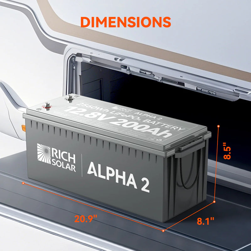 Load image into Gallery viewer, Rich Solar ALPHA 2 | 12V 200Ah LiFePO4 Battery | Powerful 12V Lithium Battery for RVs, Trailers, Vans, Boats, Off-Grid | 5,000 Lifetime Cycles | Bluetooth and Internal Heat Technology  RS-B122S
