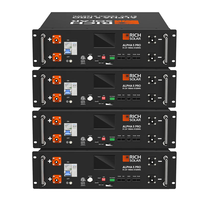 Load image into Gallery viewer, Rich Solar 4 ALPHA 5 PRO | 51.2V 100Ah LiFePO4 Battery | Premium 48V Server Rack Lithium Battery for Residential, Commercial, RVs, Off-Grid | 7,000 Lifetime Cycles | 10 Year Warranty | UL1973, UL9540A Certified RS-B5121P-4

