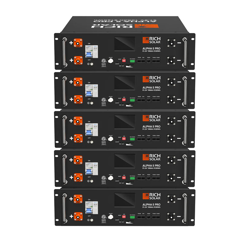 Load image into Gallery viewer, Rich Solar 5 ALPHA 5 PRO | 51.2V 100Ah LiFePO4 Battery | Premium 48V Server Rack Lithium Battery for Residential, Commercial, RVs, Off-Grid | 7,000 Lifetime Cycles | 10 Year Warranty | UL1973, UL9540A Certified RS-B5121P-5

