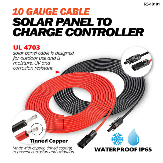 Rich Solar 30Ft 10 Gauge Extension Cable to Connect Solar Panel to Charge Controller | Pair of 10AWG Red and Black Extension Wires for Solar Panel to Charge Controller RS-30101