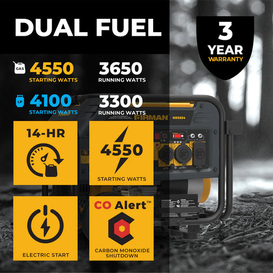 Firman Dual Fuel 4550W Portable Generator Electric Start with CO Alert H03654