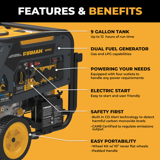 Firman Dual Fuel Portable Generator 9400W Electric Start 120/240V with CO Alert h07553