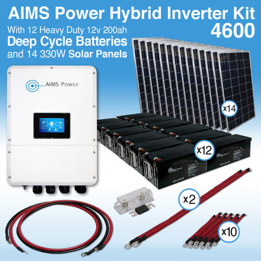 Aims KIT Hybrid Pure Sine Inverter Charger, Battery Bank & Solar Panels 4.6 kW Inverter Output | 28,800 Watt Hour Battery Bank | 4620 Watt Solar Panels  KITHY4612BATSOL330