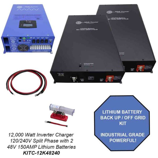 Aims Off Grid / Back Up 12000 Watt Pure Sine Inverter Charger 120V / 240V & 48V Lithium Battery KitKITC-12K48240