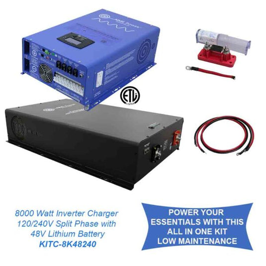 Aims Off Grid / Back Up 8000 Watt Pure Sine Inverter Charger Split Phase 120V/240V & 48V Lithium Battery Kit KITC-8K48240
