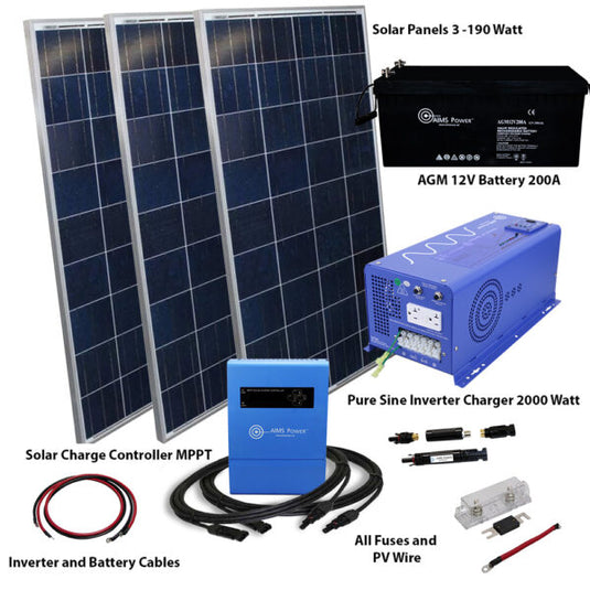 Aims Solar Kit 570 W Solar | 2000 W Pure Sine Inverter Charger | 200 A Battery KITD-2KW12V570W