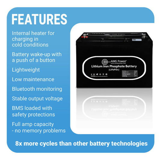 Aims NEW!  Lithium Battery 104Ah with Wake Up, Heater & BT Monitoring 12V LiFePO4 LFP12V104A