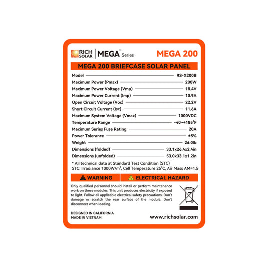 Rich Solar MEGA 200 Portable Briefcase Solar Panel | 200 Watt Portable Solar Panel | Powerful 12V Portable Solar Panel for Generators, Power Stations, Campers | High Efficiency RS-X200B