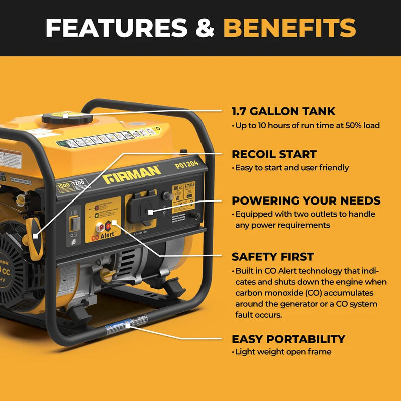 Load image into Gallery viewer, Firman Gas Portable Generator 1500/1200W Recoil Start with CO alert p01204
