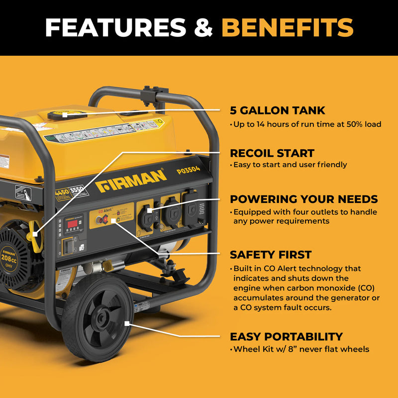 Load image into Gallery viewer, Firman Gas Portable Generator 4450W Recoil Start 120V with CO alert p03504 - Backup Generator Store
