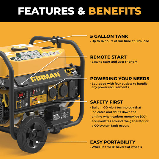 Firman Gas Portable Generator 4550W Remote Start with CO Alert p03628 - Backup Generator Store