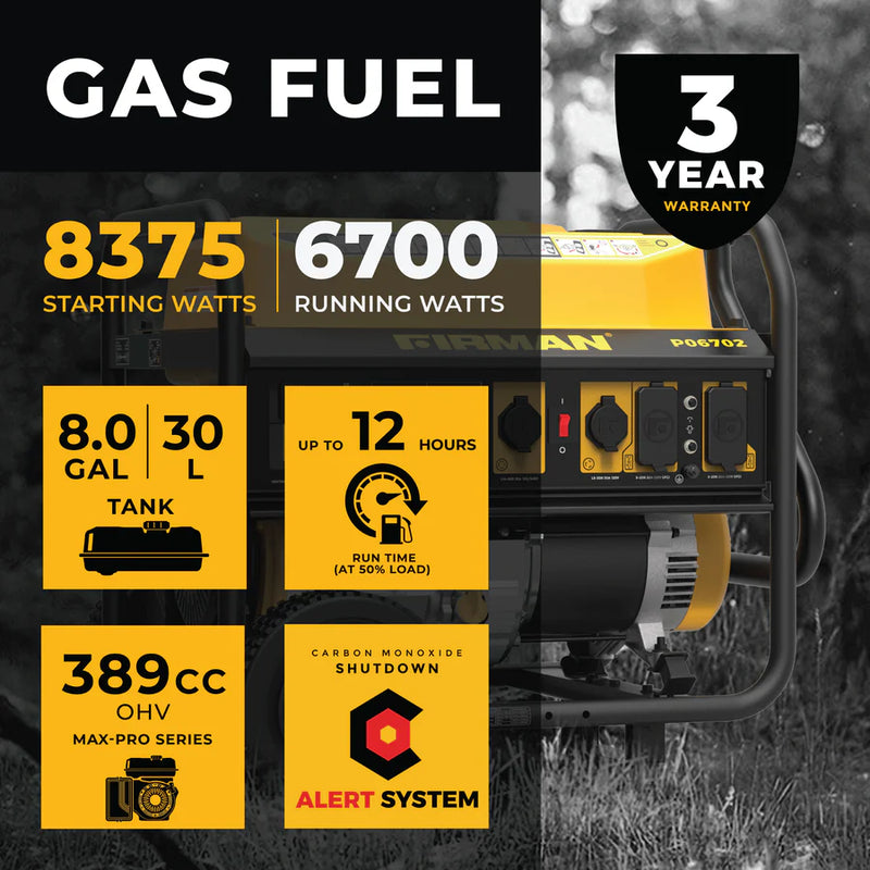 Load image into Gallery viewer, Firman Gas Portable Generator 8375W Recoil Start 120/240V With CO Alert p06702 - Backup Generator Store
