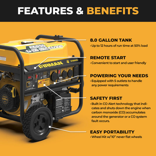 Firman Gas Portable Generator 10000W Remote Start 120/240V with CO Alert p08008 - Backup Generator Store