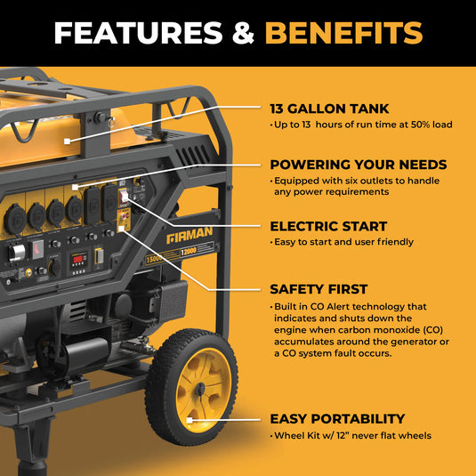 Firman Gas Portable Generator 15000W Electric Start 120/240V with CO Alert p12002