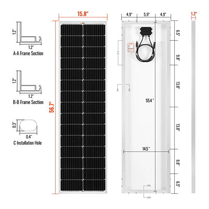 Load image into Gallery viewer, MEGA 100 SLIM SLX | 100 Watt Slim Solar Panel | Compact 12V Off-Grid Narrow Solar Panel for Campers, Overlanders, Boats | 25-Year Output Warranty RS-M100SLX
