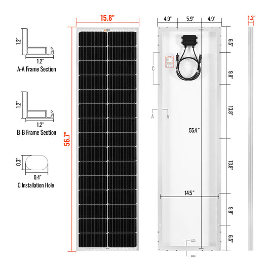 MEGA 100 SLIM SLX | 100 Watt Slim Solar Panel | Compact 12V Off-Grid Narrow Solar Panel for Campers, Overlanders, Boats | 25-Year Output Warranty RS-M100SLX
