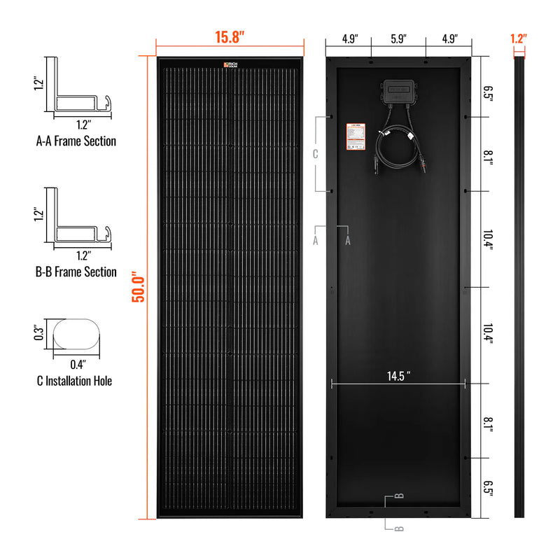 Load image into Gallery viewer, Rich Solar MEGA 100 SLIM ONYX | 100 Watt Slim Solar Panel | Compact 12V Off-Grid Narrow Solar Panel for Vans, Overlanders, Boats | 25-Year Output Warranty #RS-100SLB
