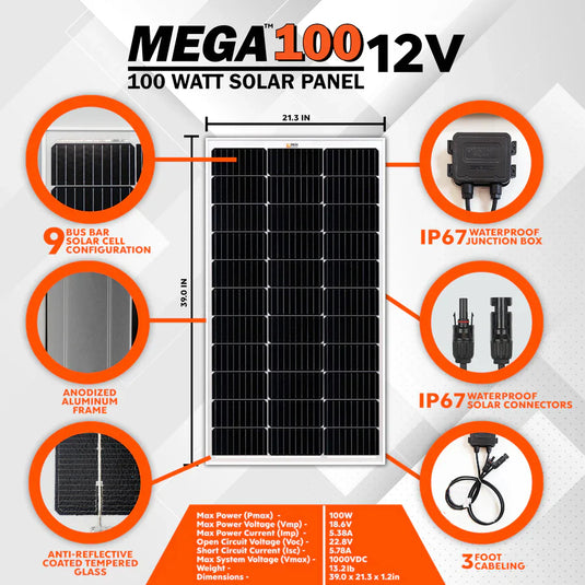 Rich Solar MEGA 100 | 100 Watt Solar Panel | Premier 12V Off-Grid Solar Panel for Vans, Campers, Boats | 25-Year Output Warranty RS-M100