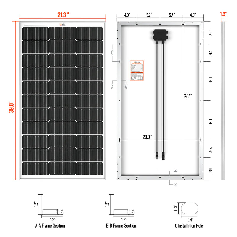 Load image into Gallery viewer, Rich Solar MEGA 100 | 100 Watt Solar Panel | Premier 12V Off-Grid Solar Panel for Vans, Campers, Boats | 25-Year Output Warranty RS-M100
