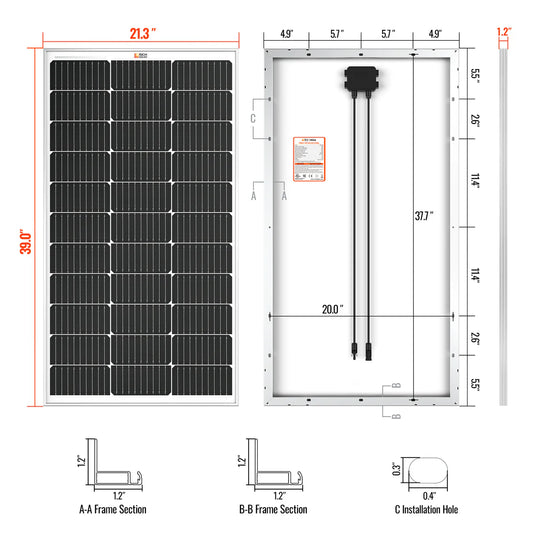 Rich Solar MEGA 100 | 100 Watt Solar Panel | Premier 12V Off-Grid Solar Panel for Vans, Campers, Boats | 25-Year Output Warranty RS-M100
