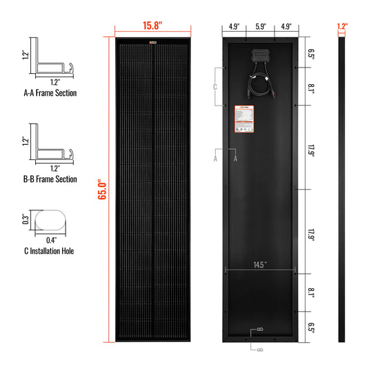 Rich Solar MEGA 130 SLIM ONYX | 130 Watt Slim Solar Panel | Compact 12V Narrow Panel for Vans, Campers, Boats | 25-Year Output Warranty RS-M130SL (Copy)