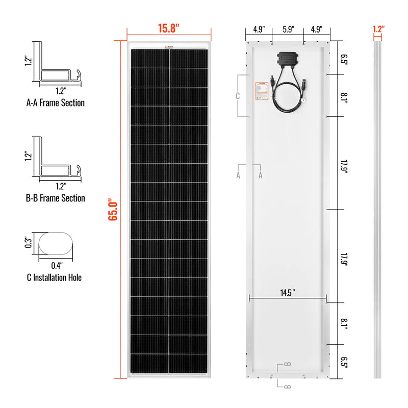 Load image into Gallery viewer, Rich Solar MEGA 130 SLIM | 130 Watt Slim Solar Panel | Compact 12V Narrow Panel for Vans, Campers, Boats | 25-Year Output Warranty RS-M130SL
