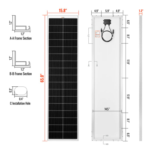 Rich Solar MEGA 130 SLIM | 130 Watt Slim Solar Panel | Compact 12V Narrow Panel for Vans, Campers, Boats | 25-Year Output Warranty RS-M130SL